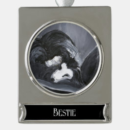 Adorno Con Rótulo Plateado Border Collie Acostado Pintura Personalizada