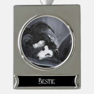 Adorno Con Rótulo Plateado Border Collie Acostado Pintura Personalizada