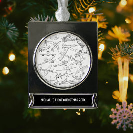 Adorno Con Rótulo Plateado Boy First Christmas Hand Drawn Airplanes Aviation 