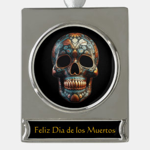 Adorno Con Rótulo Plateado Calavera personalizada turquesa dorada del Día de