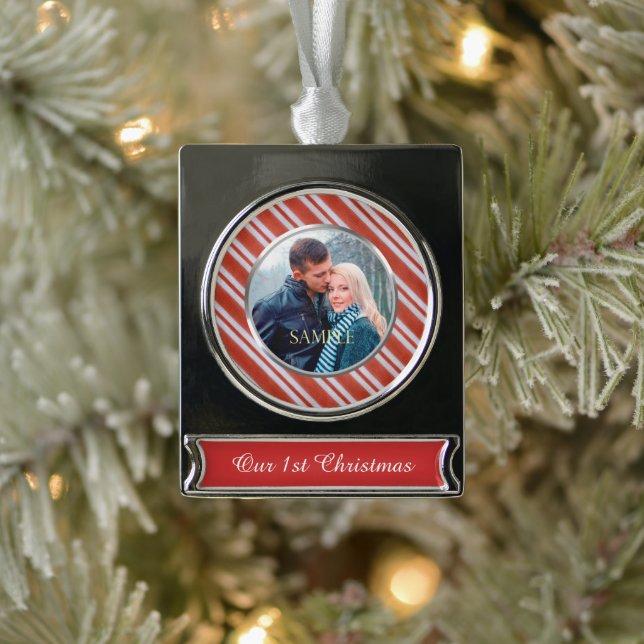 Adorno Con Rótulo Plateado Candy Stripes First Christmas (Árbol)