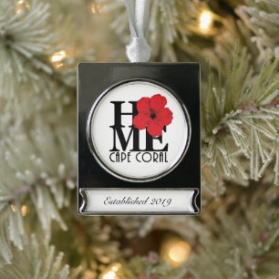 Adorno Con Rótulo Plateado CASA Cabo Coral (¡personalizar!) Rojo Hibiscus