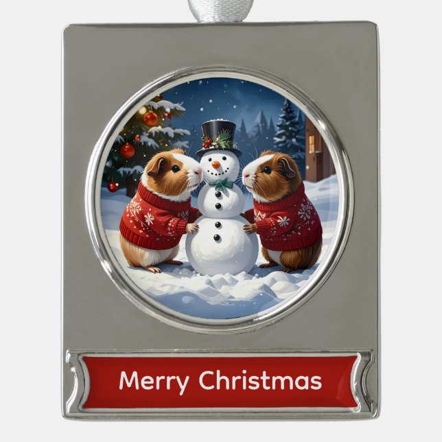 Adorno Con Rótulo Plateado Cerdos de Guinea y Navidades de Snowman (Anverso)