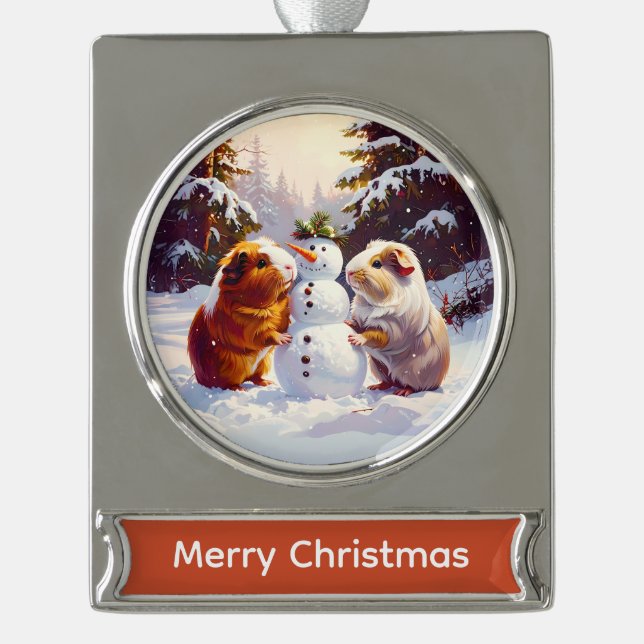 Adorno Con Rótulo Plateado Cerdos de Guinea y Navidades de Snowman (Anverso)