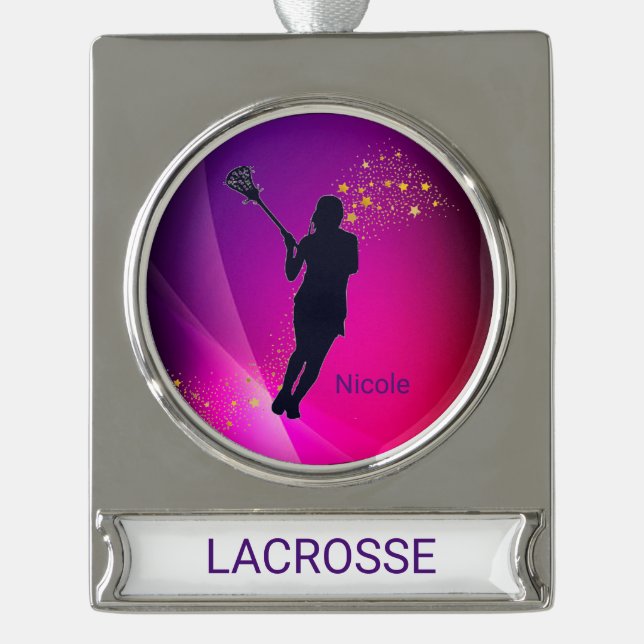 Adorno Con Rótulo Plateado Chicas Lacrosse Ornamento de Navidad (Anverso)