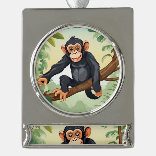 Adorno Con Rótulo Plateado Chimpanzee con su linda cola en la rama saluda (Anverso)