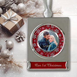 Adorno Con Rótulo Plateado Copo de nieve en la primera Navidad roja