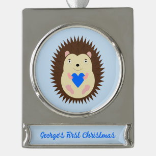 Adorno Con Rótulo Plateado Corazón Azul Niño Bebé Erizo Personalizado