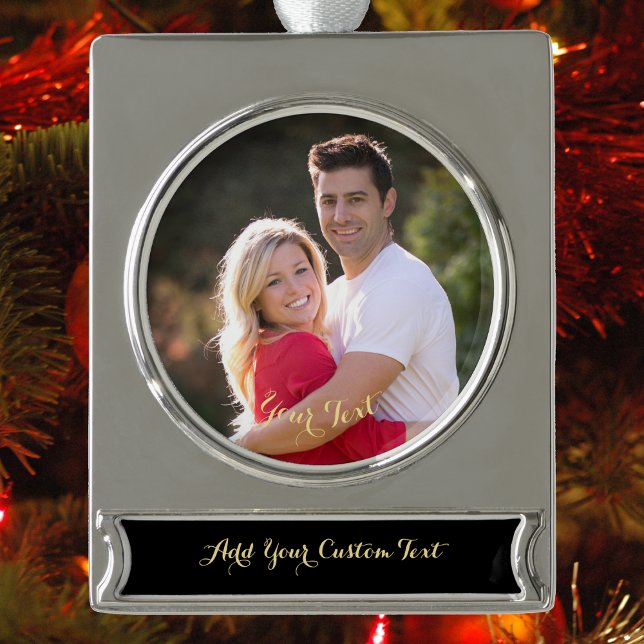 Adorno Con Rótulo Plateado Crear Personalizado de texto de foto Keepsake Navi (Create Custom Photo Text Keepsake Christmas Decor Silver Plated Banner Ornament)