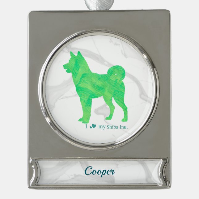 Adorno Con Rótulo Plateado Custom Pastel Blue Shiba Inu Silhouette  Ornament (Anverso)