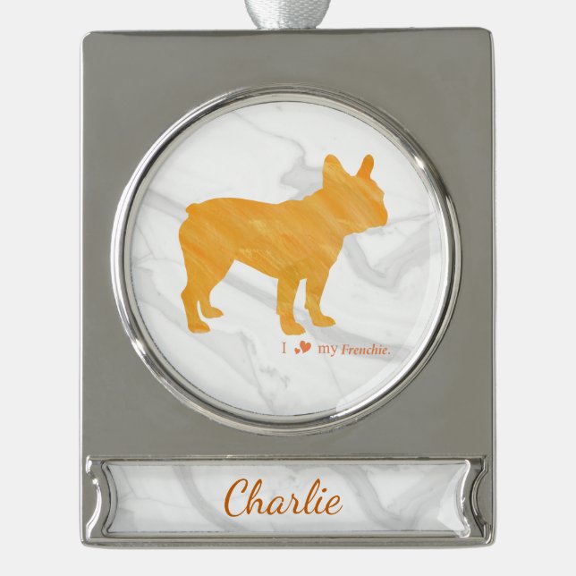 Adorno Con Rótulo Plateado Customizable French Bulldog Pastel Orange Frenchie (Anverso)