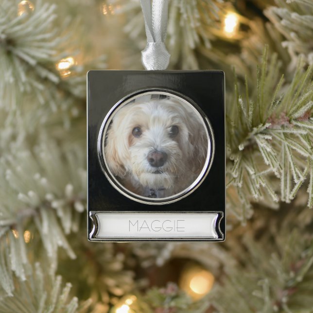 Adorno Con Rótulo Plateado Customized Pet Photo Christmas (Árbol)