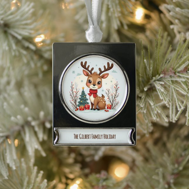 Adorno Con Rótulo Plateado Cute Christmas Reindeer Scene Snowy Forest (Árbol)