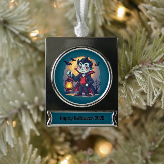 Adorno Con Rótulo Plateado Cute Vampire with Lantern Kawaii Halloween (Árbol)
