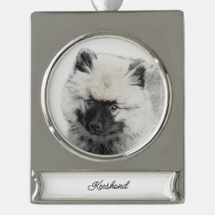 Adorno Con Rótulo Plateado Dibujo de cachorros de Keeshond - Arte de perros o