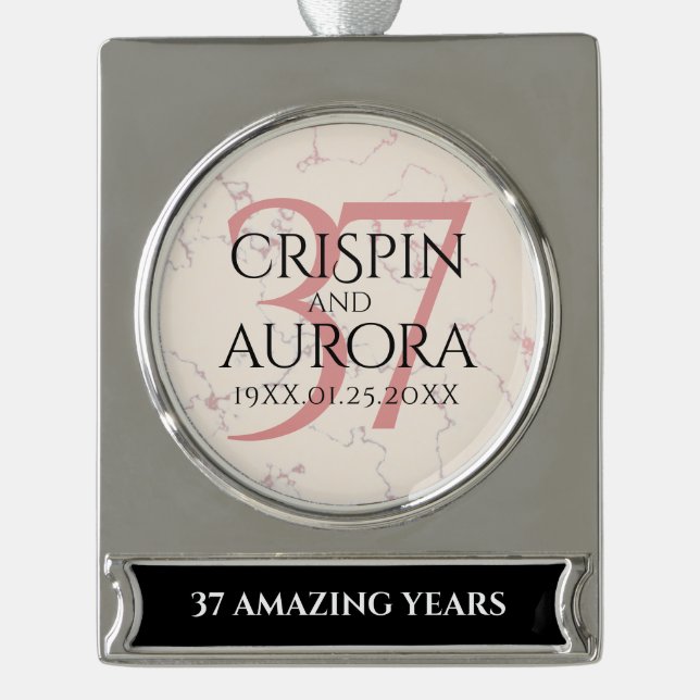 Adorno Con Rótulo Plateado Elegante 37° Aniversario del Boda de Alabastro (Anverso)