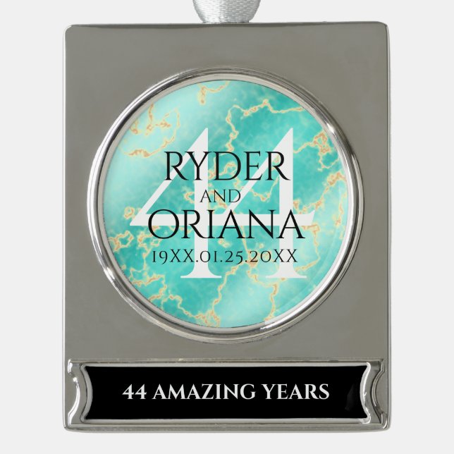 Adorno Con Rótulo Plateado Elegante 44° Aniversario Boda Turquesa (Anverso)