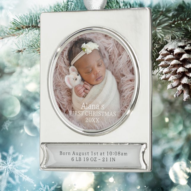 Adorno Con Rótulo Plateado Elegante bebé niña Nacimiento Estadísticas Primera (Elegant Baby Girl Birth Stats First Christmas Silver Plated Banner Ornament
)