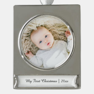 Adorno Con Rótulo Plateado Elegante foto personalizada del primer bebé navide