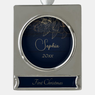 Adorno Con Rótulo Plateado Elegante Marina Azul Personalizado Primera Navidad