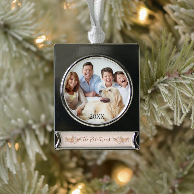 Adorno Con Rótulo Plateado Elegantes Navidades acuarela Rubor Floral Photo (Árbol)