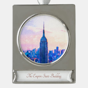 Adorno Con Rótulo Plateado Empire State Building Travel Watercolor Ornament