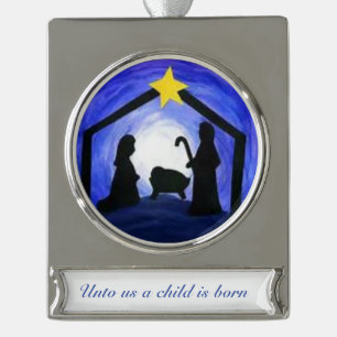 Adorno Con Rótulo Plateado Escena del pesebre - ornamento