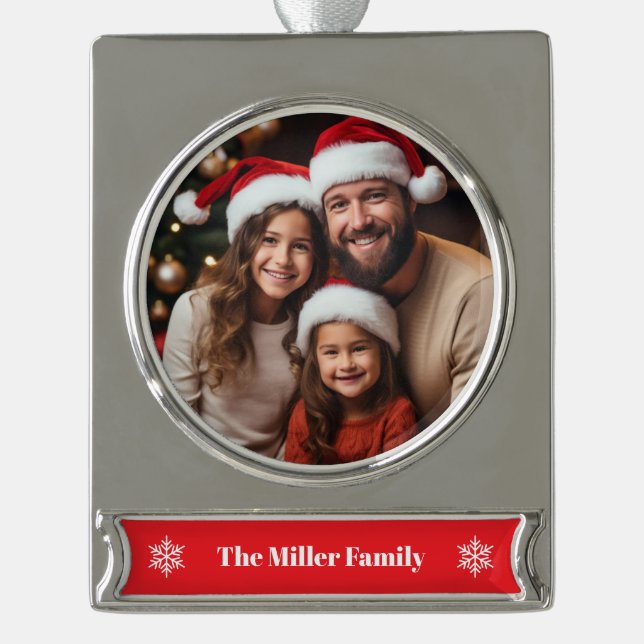 Adorno Con Rótulo Plateado Family Holiday Banner Ornament (Anverso)