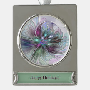Adorno Con Rótulo Plateado Fantasía colorida Resumen Flor Fractal Moderna