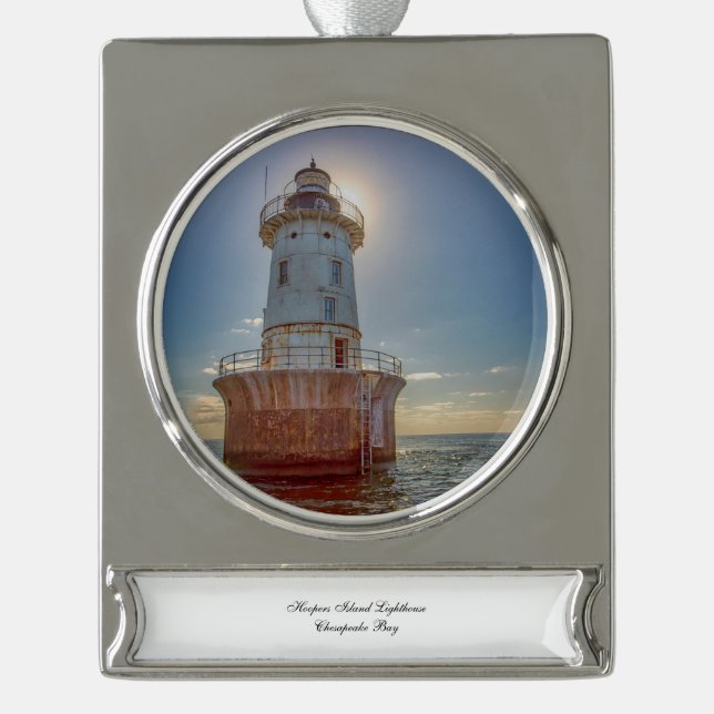 Adorno Con Rótulo Plateado Faro de la isla Hoopers (Anverso)