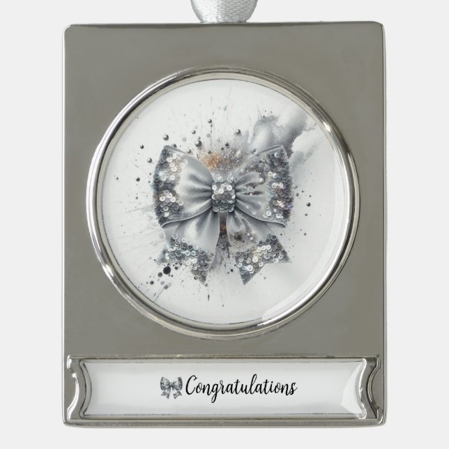 Adorno Con Rótulo Plateado Felicitaciones del radiante Silver Sequin Bow (Anverso)