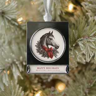 Adorno Con Rótulo Plateado Fiesta Navideña Vintage Caballo Navideño Ecuestre