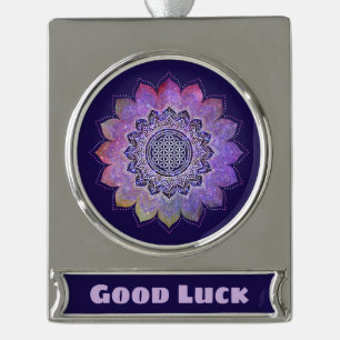 Adorno Con Rótulo Plateado Flor De Vida - Espacio De Galaxia De Estilo Vintag