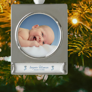 Adorno Con Rótulo Plateado Foto Bebé Mi Primer Navidad Personalizado Azul Mod