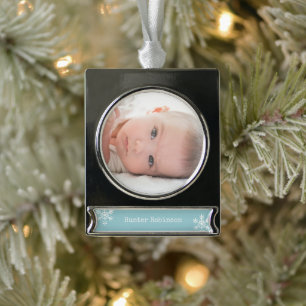 Adorno Con Rótulo Plateado Foto de bebé azul Navidad