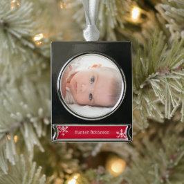 Adorno Con Rótulo Plateado Foto de bebé rojo Navidad