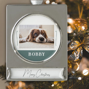 Adorno Con Rótulo Plateado Foto de Mascota Perro Navidad Minimalista Feliz Na