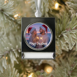 Adorno Con Rótulo Plateado Foto y Texto Personalizados Navidad 2025 Personali