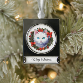 Adorno Con Rótulo Plateado Gato blanco en Navidades con pintura de color de a