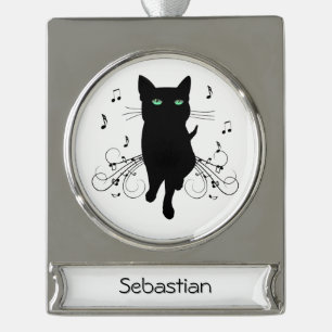 Adorno Con Rótulo Plateado Gato negro rodeado de notas de nombre musical