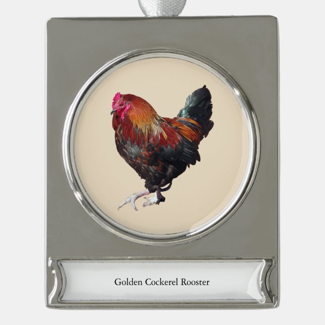 Adorno Con Rótulo Plateado Golden Cockerel Rooster ornament (Anverso)