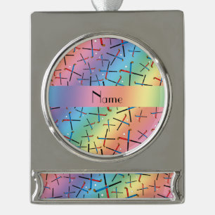 Adorno Con Rótulo Plateado Hockey hierba conocido personalizado del arco iris