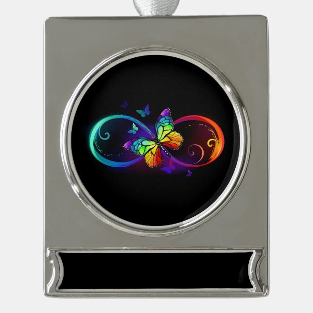 Adorno Con Rótulo Plateado Infinidad vibrante con mariposa arco iris sobre ne (Anverso)