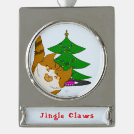 Adorno Con Rótulo Plateado Jingle Claws Cat & Tree Holiday Ornament