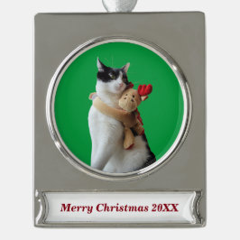 Adorno Con Rótulo Plateado Juguete de Navidades de gatos y renos blancos y ne