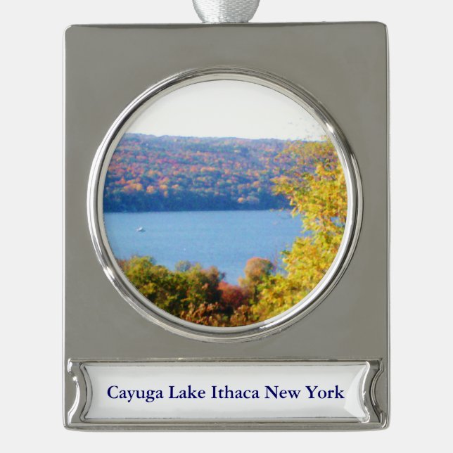 Adorno Con Rótulo Plateado LAGO DE CAYUGA, ITHACA, ornamento N.Y. (Anverso)