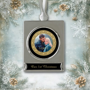 Adorno Con Rótulo Plateado Marco doble negro primer Keepsake navideño