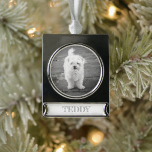 Adorno Con Rótulo Plateado MASCOTA FOTO NOMBRE DE PERRO Blanco Negro Tipograf