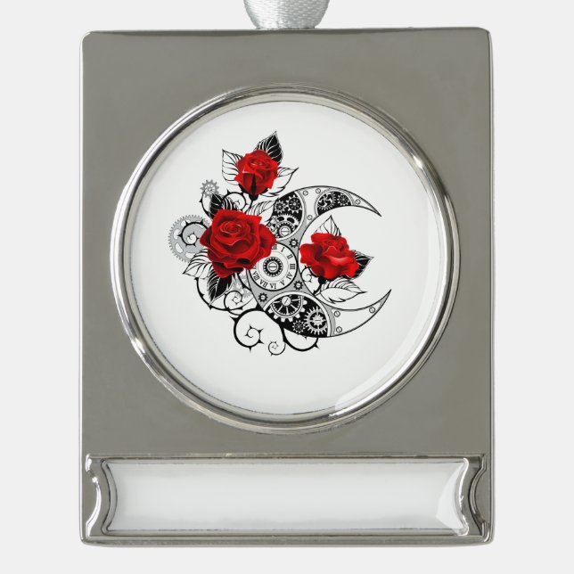 Adorno Con Rótulo Plateado Media luna mecánica con rosas rojas (Anverso)