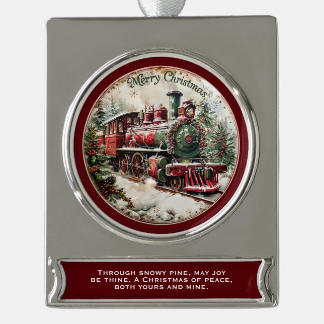 Adorno Con Rótulo Plateado Merry Christmas Steam Train – Festive Journey  (Anverso)